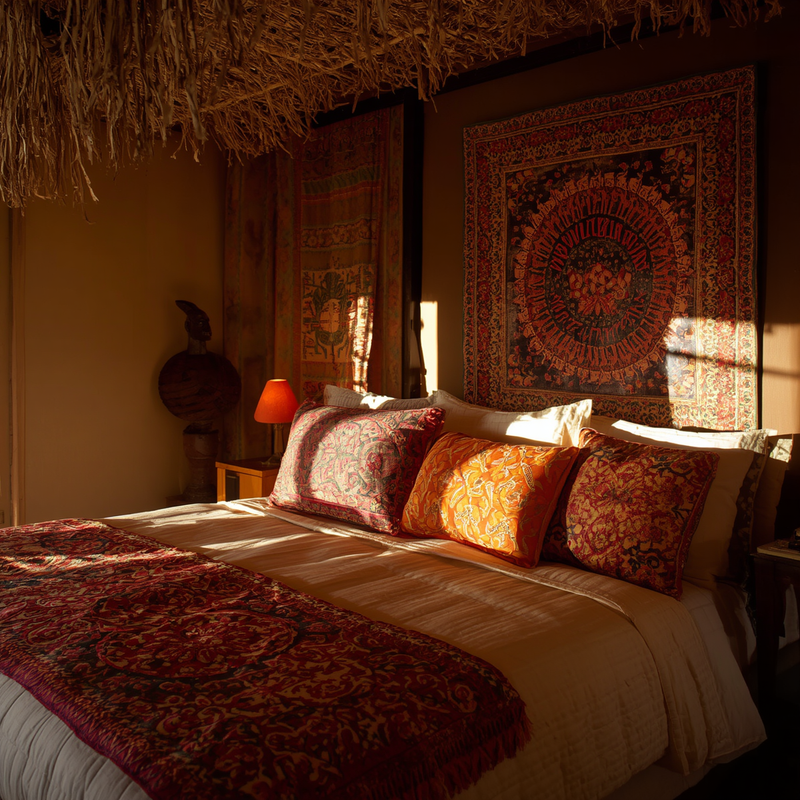 Warm, candlelit bedroom with African textiles — a symbol of the sacred, sensual space we cultivate in therapy